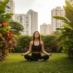 Mindfulness no Cotidiano Brasileiro 2025: Viva o Presente Mulher brasileira meditando em um jardim urbano, com a cidade ao fundo, simbolizando mindfulness no cotidiano de 2025.
