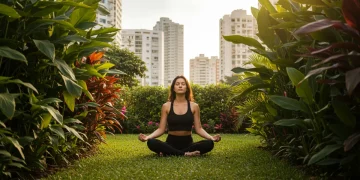 Mulher brasileira meditando em um jardim urbano, com a cidade ao fundo, simbolizando mindfulness no cotidiano de 2025.