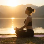 Guia Completo para Iniciantes em Yoga e Meditação: 30 Dias de Bem-Estar Mulher serena meditando em posição de lótus ao nascer do sol, com paisagem natural ao fundo.