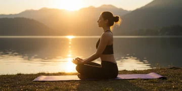 Mulher serena meditando em posição de lótus ao nascer do sol, com paisagem natural ao fundo.