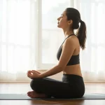 Mulher praticando exercícios de respiração para alívio da ansiedade em ambiente tranquilo.