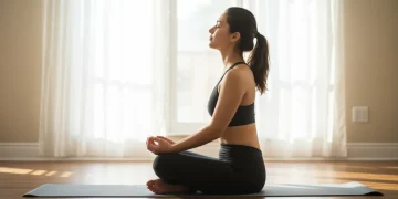 Mulher praticando exercícios de respiração para alívio da ansiedade em ambiente tranquilo.