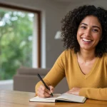 Gratidão Diária: Felicidade Aumentada em 20% em 90 Dias no Brasil Mulher sorrindo e escrevendo em diário de gratidão em ambiente acolhedor brasileiro.