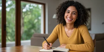 Mulher sorrindo e escrevendo em diário de gratidão em ambiente acolhedor brasileiro.