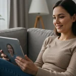 Mulher sorrindo em terapia online no conforto de casa, simbolizando o bem-estar mental e acessibilidade.