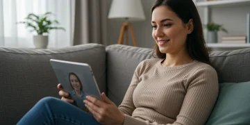 Mulher sorrindo em terapia online no conforto de casa, simbolizando o bem-estar mental e acessibilidade.