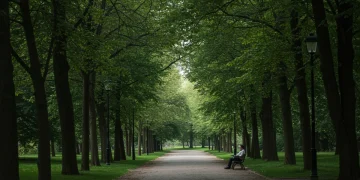 Pessoa relaxando em um parque verde sob a luz do sol, simbolizando a paz e a diminuição da ansiedade proporcionadas pela natureza.
