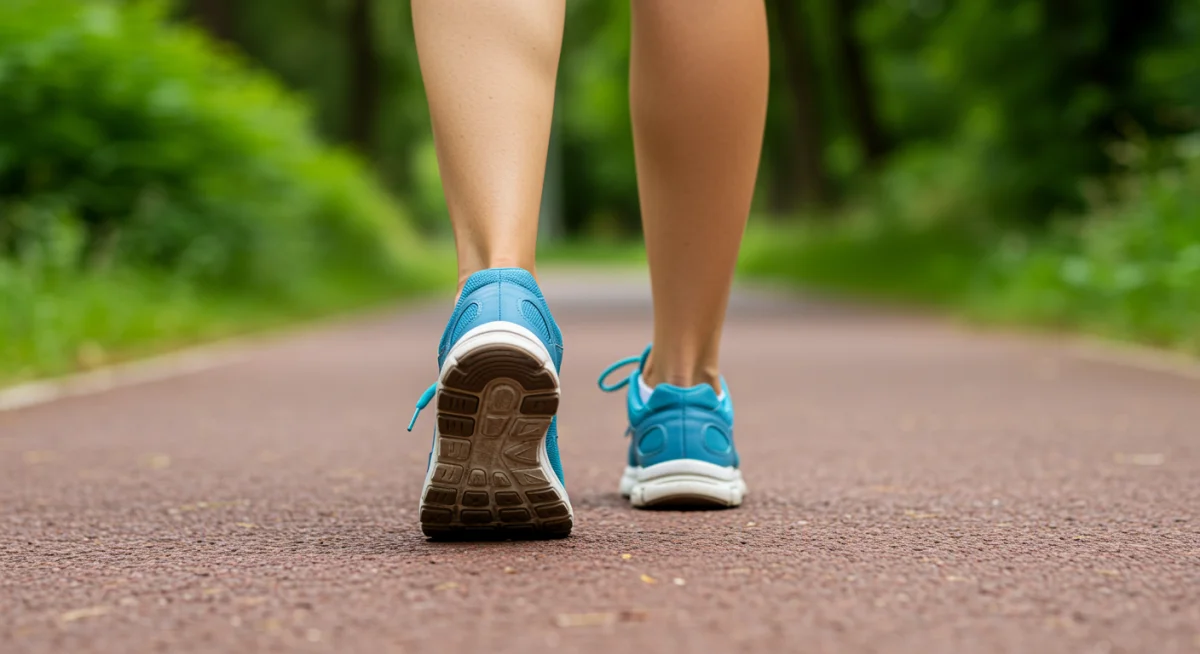 Pés com tênis esportivos caminhando em uma trilha, simbolizando o início de uma rotina de exercícios.