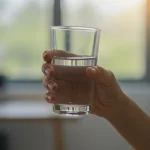 Hidratação Consciente: Mais Disposição e Foco em 2025 Pessoa sorrindo e bebendo água, simbolizando hidratação e bem-estar.