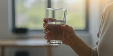 Pessoa sorrindo e bebendo água, simbolizando hidratação e bem-estar.