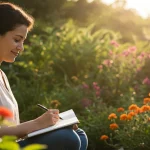 Pessoa escrevendo em um diário em um jardim, refletindo sobre a gratidão e a felicidade.
