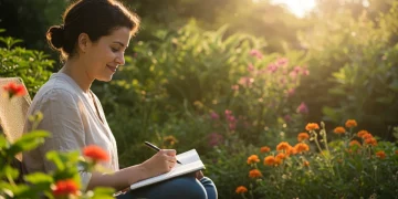 Pessoa escrevendo em um diário em um jardim, refletindo sobre a gratidão e a felicidade.