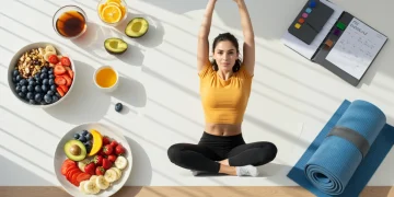 Pessoa energizada alongando-se ao amanhecer, simbolizando uma rotina otimizada para mais energia.