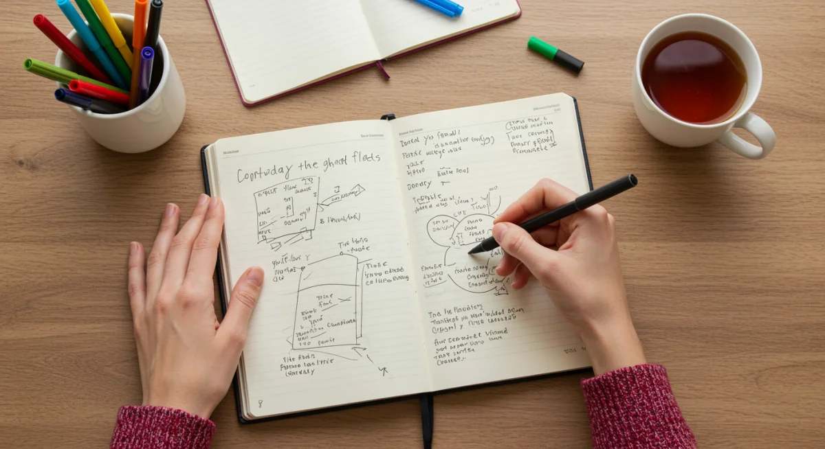 Pessoa escrevendo em um diário, simbolizando a reflexão e expressão emocional como ferramenta de gerenciamento.