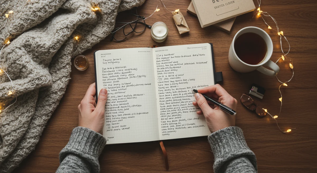 Pessoa escrevendo em um diário com elementos de conforto, representando o ritual de reflexão.