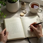 Diário e Saúde Mental: Benefícios em 3 Meses (2025) Pessoa escrevendo em um diário com uma caneta, em um ambiente tranquilo com plantas e uma xícara de chá, simbolizando reflexão e bem-estar mental.