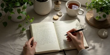 Pessoa escrevendo em um diário com uma caneta, em um ambiente tranquilo com plantas e uma xícara de chá, simbolizando reflexão e bem-estar mental.