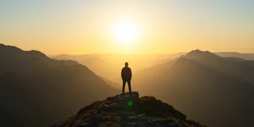Pessoa em pé no topo de uma montanha, simbolizando resiliência e superação de desafios em 2025