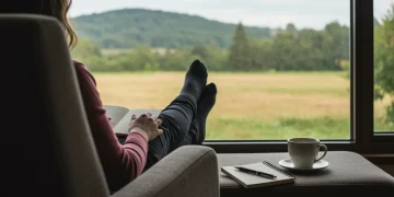 Pessoa relaxando em ócio criativo, olhando pela janela com paisagem serena