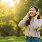 Pessoa sorrindo com fones de ouvido em um ambiente natural, transmitindo bem-estar.