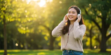 Pessoa sorrindo com fones de ouvido em um ambiente natural, transmitindo bem-estar.