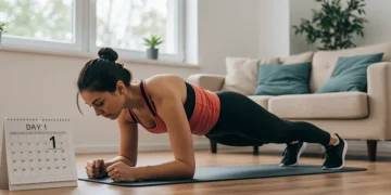 Pessoa realizando prancha, simbolizando o início de um programa de treino em casa de 30 dias.