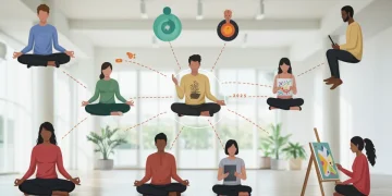 Pessoas diversas praticando diferentes abordagens terapêuticas, representando a busca por saúde mental em 2025.