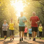 30 Minutos Diários: Reduza em 15% o Risco Cardiovascular no Brasil Pessoas de diferentes idades praticando atividades físicas ao ar livre em um parque, demonstrando saúde e bem-estar.