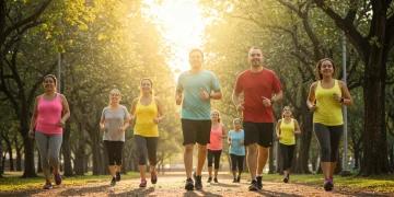 Pessoas de diferentes idades praticando atividades físicas ao ar livre em um parque, demonstrando saúde e bem-estar.