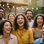 Um grupo diverso de pessoas sorrindo e interagindo, simbolizando o poder das relações sociais e o bem-estar.