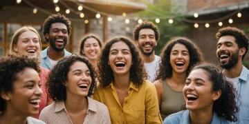 Um grupo diverso de pessoas sorrindo e interagindo, simbolizando o poder das relações sociais e o bem-estar.