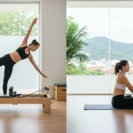 Mulher praticando Pilates em reformer e outra em pose de Yoga, simbolizando equilíbrio e bem-estar no Brasil.