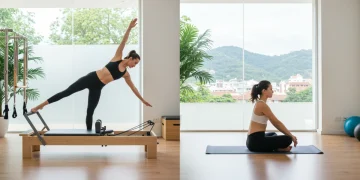 Mulher praticando Pilates em reformer e outra em pose de Yoga, simbolizando equilíbrio e bem-estar no Brasil.