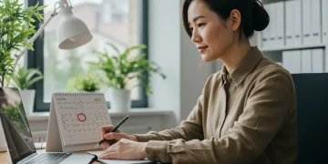 Pessoa planejando estratégias para definir limites saudáveis no trabalho e vida pessoal.
