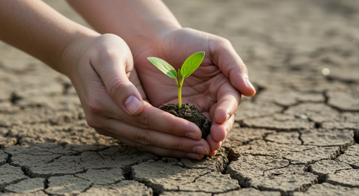 Pequena planta verde brotando de terra rachada, representando crescimento e esperança em meio a adversidades.