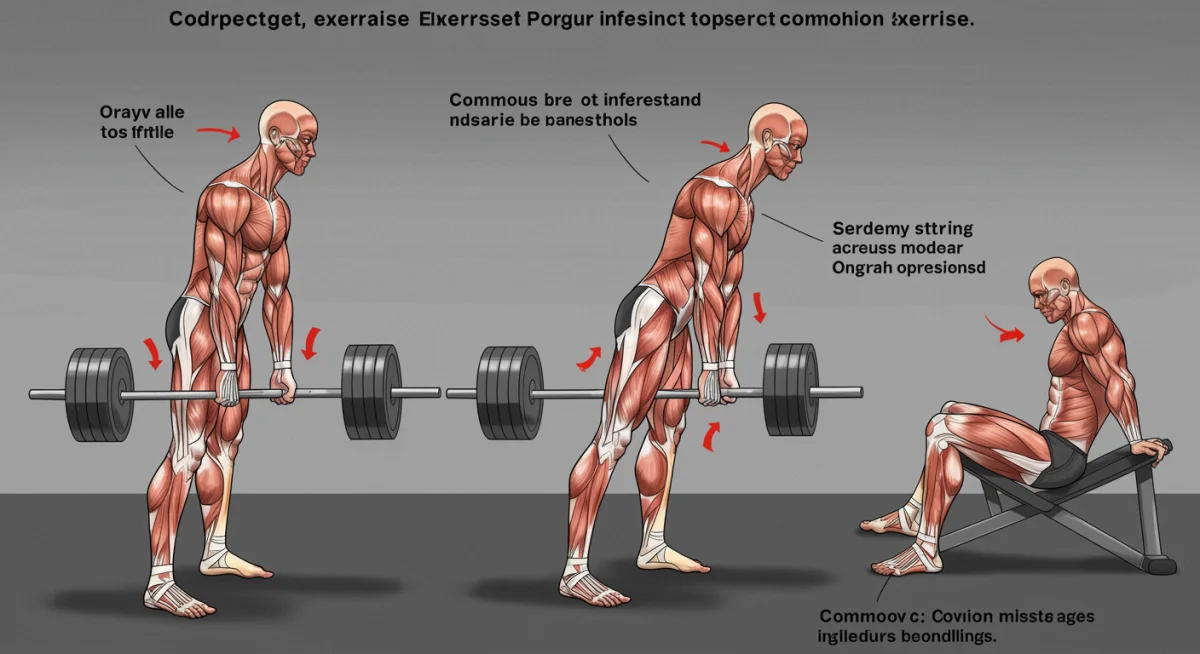Ilustração detalhada da postura correta para o exercício de levantamento terra, com músculos envolvidos.