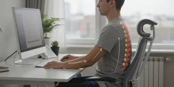 Pessoa demonstrando postura sentada correta em um ambiente de trabalho ergonômico.