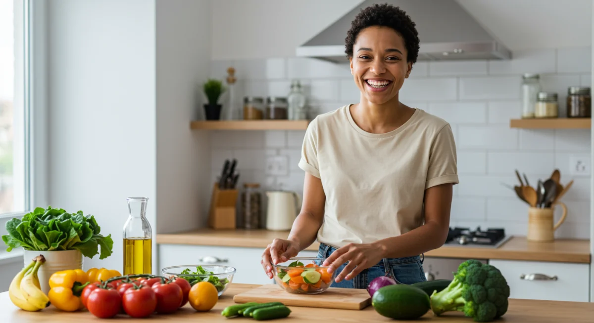 Pessoa sorrindo enquanto prepara uma refeição saudável, transmitindo a sensação de bem-estar e o impacto positivo da alimentação no humor.