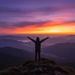 Pessoa contemplando o nascer do sol no topo da montanha, simbolizando propósito e liberdade.