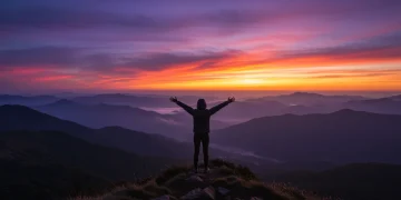 Pessoa contemplando o nascer do sol no topo da montanha, simbolizando propósito e liberdade.