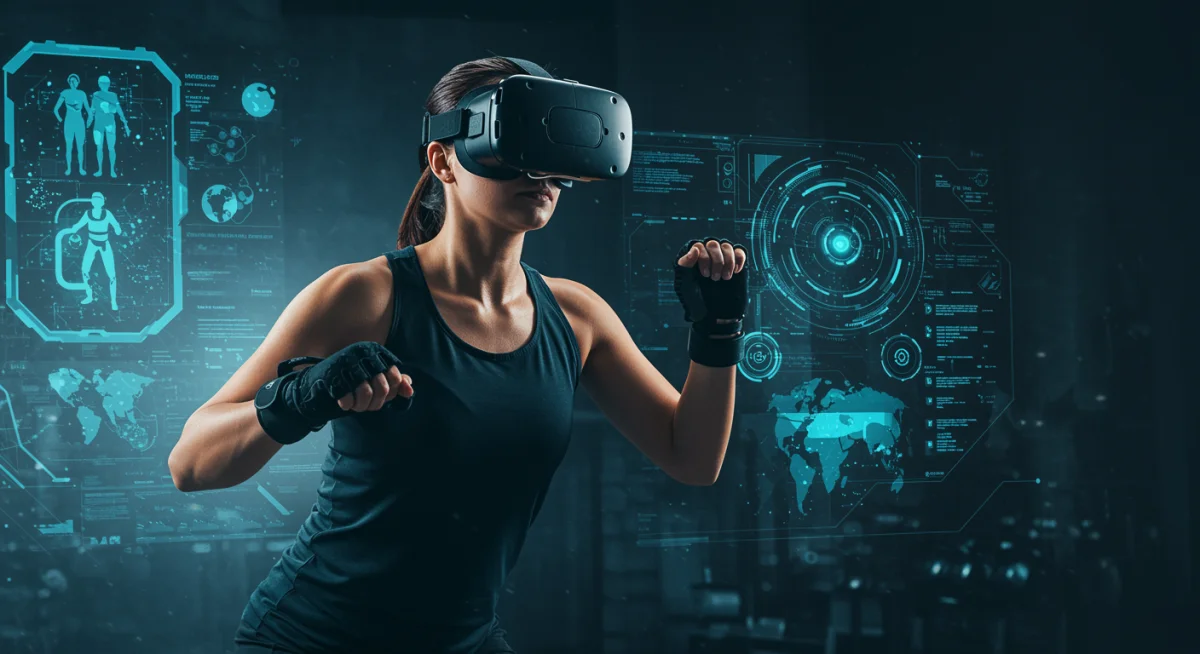 Atleta usando óculos de realidade virtual em treino funcional, simulando um ambiente imersivo para exercícios.