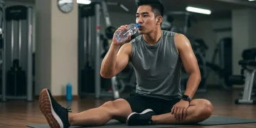 Pessoa se recuperando após treino intenso, bebendo água e alongando músculos.
