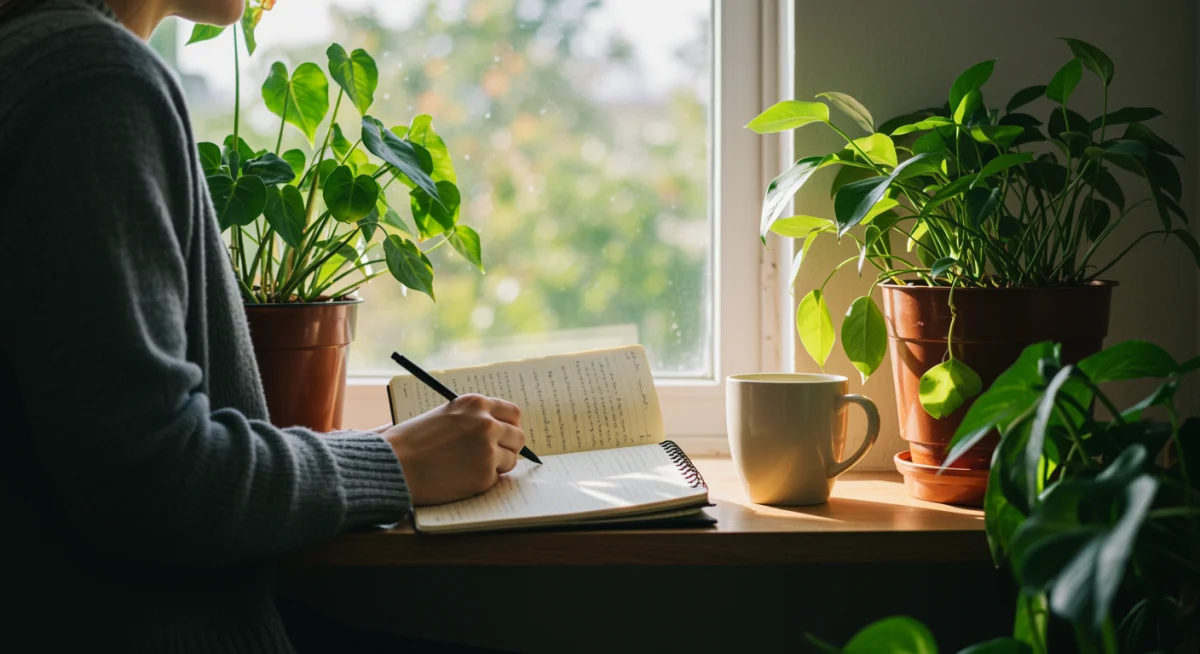 Pessoa escrevendo em um diário junto à janela, refletindo sobre sua jornada e propósito.
