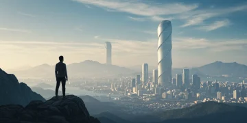 Pessoa em pico de montanha observando horizonte, simbolizando resiliência mental para 2025.