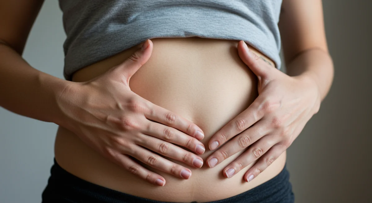 Pessoa demonstrando respiração diafragmática com as mãos no abdômen.