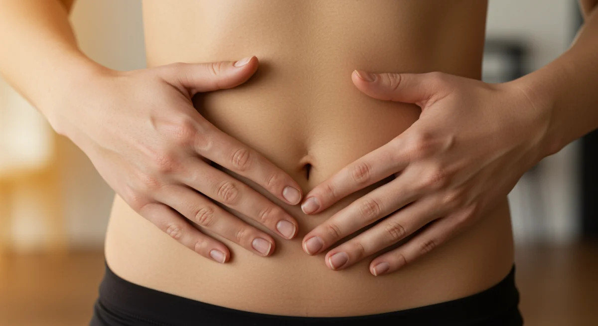 Mãos sobre o diafragma demonstrando a respiração diafragmática, um método eficaz para acalmar a mente.