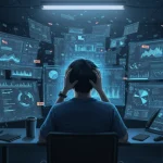 Pessoa estressada diante de múltiplas telas digitais, simbolizando a sobrecarga de informações em 2025.