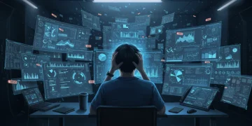 Pessoa estressada diante de múltiplas telas digitais, simbolizando a sobrecarga de informações em 2025.