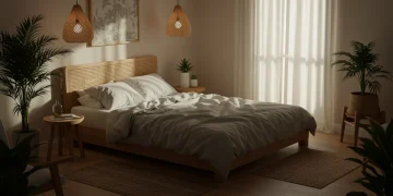 Pessoa dormindo tranquilamente em um quarto sereno com luz suave, simbolizando sono de qualidade.