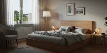 Pessoa dormindo tranquilamente em um quarto sereno, simbolizando o impacto positivo do sono na saúde mental.